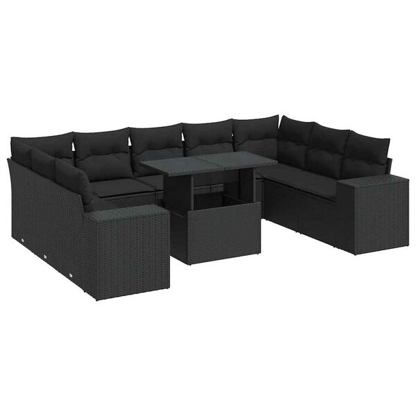 vidaXL 10-dijelni set vrtnih sofa s jastucima crni od poliratana