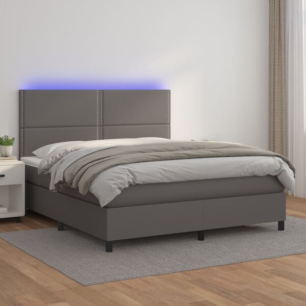 vidaXL Krevet box spring s madracem LED sivi 160x200cm od umjetne kože
