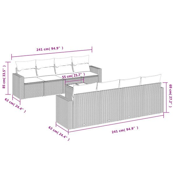 vidaXL 9-dijelni set vrtnih sofa s jastucima bež od poliratana