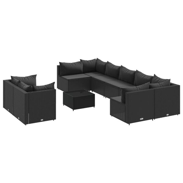 vidaXL 9-dijelni set vrtnih sofa s jastucima crni od poliratana