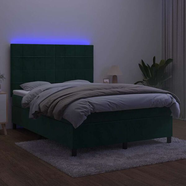 vidaXL Krevet box spring s madracem LED tamnozeleni 140x190 cm bar&scaron;un