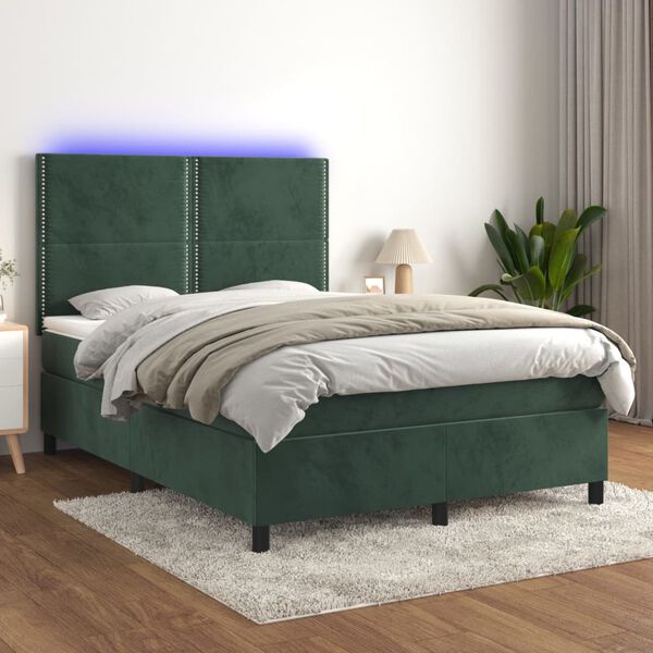 vidaXL Krevet box spring s madracem LED tamnozeleni 140x200 cm bar&scaron;un