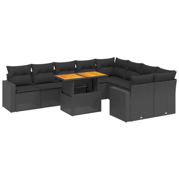 vidaXL 10-dijelni set vrtnih sofa s jastucima crni od poliratana