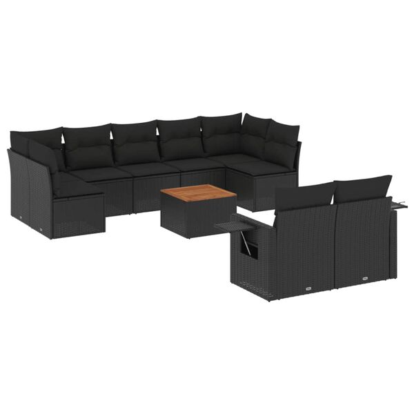 vidaXL 10-dijelni set vrtnih sofa s jastucima crni od poliratana