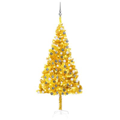 vidaXL Umjetno osvijetljeno božićno drvce s kuglicama zlatno 180cm PET