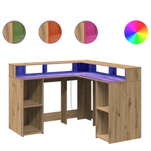 vidaXL Radni stol s LED svjetlima boja hrasta 130 x 130 x 91 cm drveni