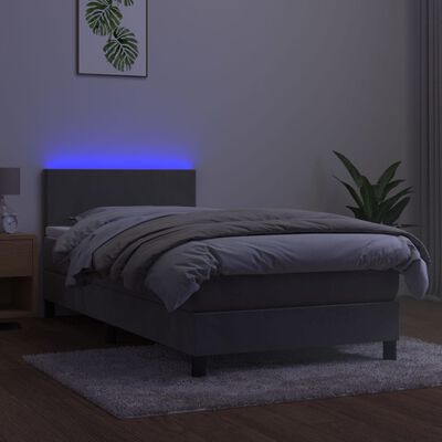 vidaXL Krevet box spring s madracem LED svjetlosivi 90x200 cm baršun