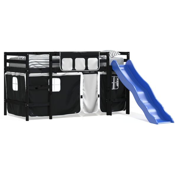 vidaXL Dječji krevet na kat i zavjese crno-bijeli 90x190 cm borovina