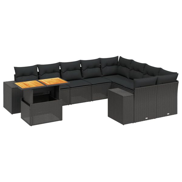 vidaXL 10-dijelni set vrtnih sofa s jastucima crni od poliratana
