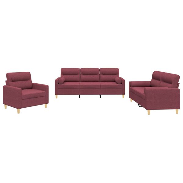 vidaXL 3-dijelni set sofa s jastucima crvena boja vina od tkanine