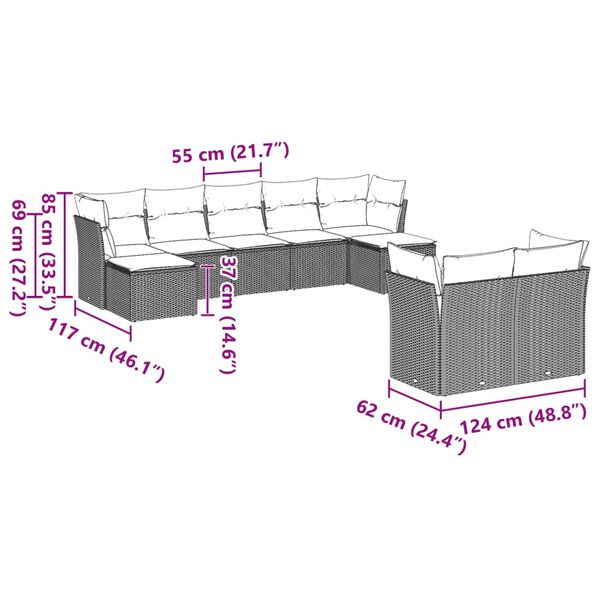 vidaXL 9-dijelni set vrtnih sofa od poliratana s jastucima svjetlosivi