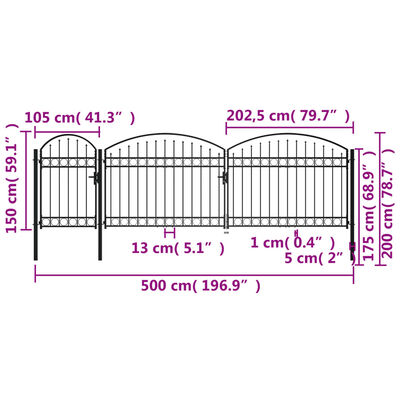 vidaXL Vrata za vrtnu ogradu s lučnim vrhom čelična 2 x 5 m crna