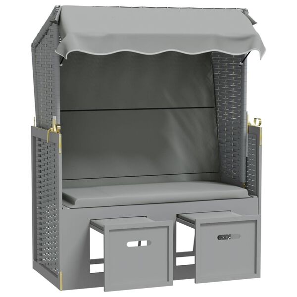 vidaXL Ležaljka za plažu s krovom od poliratana i masivnog drva siva