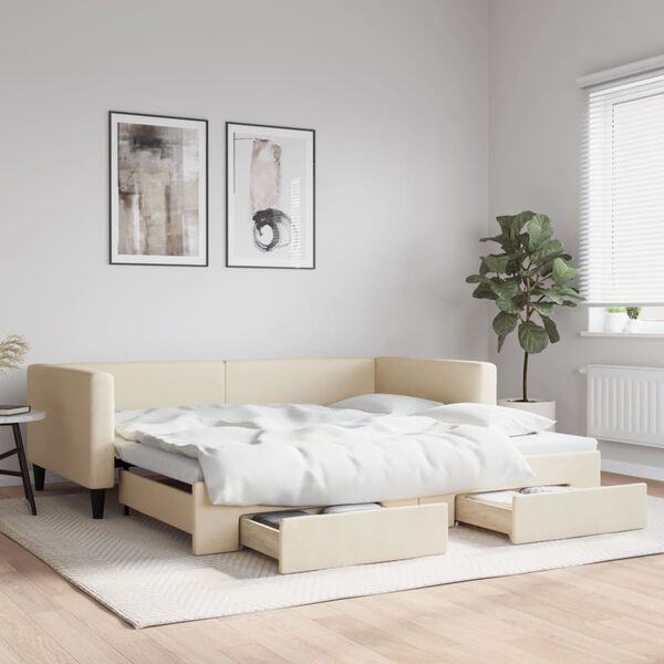 vidaXL Dnevni krevet na razvlačenje s ladicama krem 100x200 cm tkanina