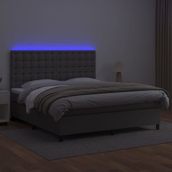 vidaXL Krevet box spring s madracem LED sivi 180x200cm od umjetne kože