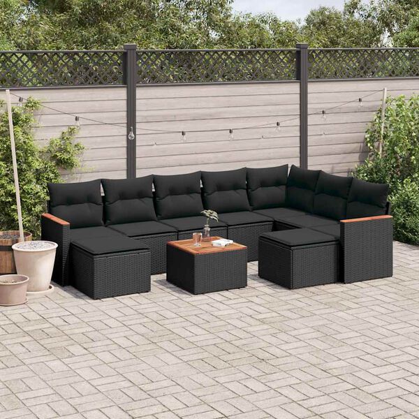 vidaXL 10-dijelni set vrtnih sofa s jastucima crni od poliratana