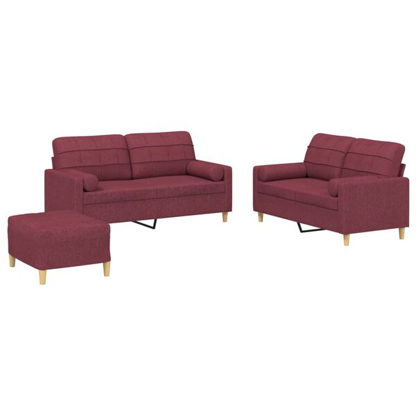 vidaXL 3-dijelni set sofa s jastucima crvena boja vina od tkanine