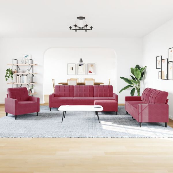 vidaXL 4-dijelni set sofa s jastucima crvena boja vina baršunasti