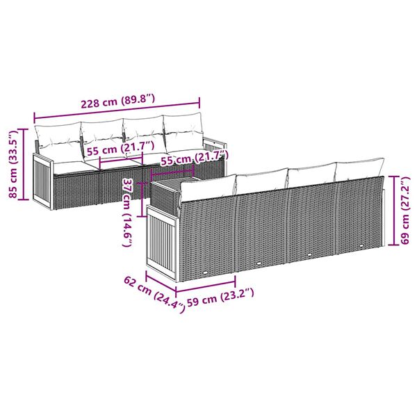 vidaXL 9-dijelni set vrtnih sofa s jastucima crni od poliratana