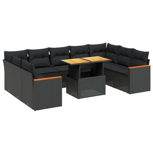 vidaXL 10-dijelni set vrtnih sofa s jastucima crni od poliratana