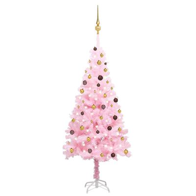 vidaXL Umjetno osvijetljeno božićno drvce s kuglicama rozo 210 cm PVC