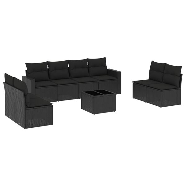vidaXL 9-dijelni set vrtnih sofa s jastucima crni od poliratana