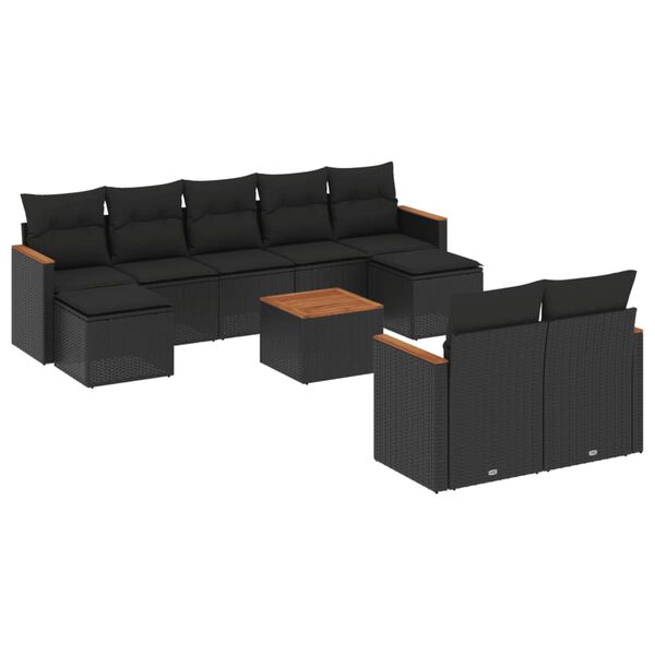 vidaXL 10-dijelni set vrtnih sofa s jastucima crni od poliratana
