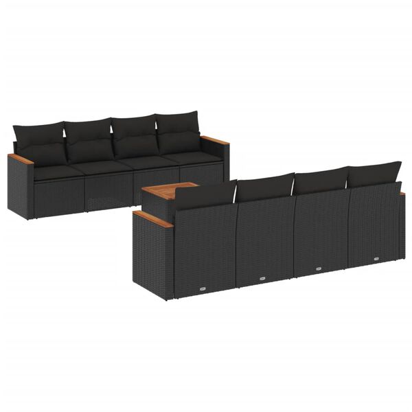 vidaXL 9-dijelni set vrtnih sofa s jastucima crni od poliratana