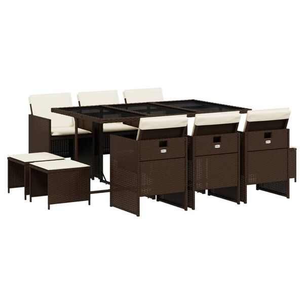 vidaXL 11-dijelni vrtni blagovaonski set s jastucima poliratan smeđi