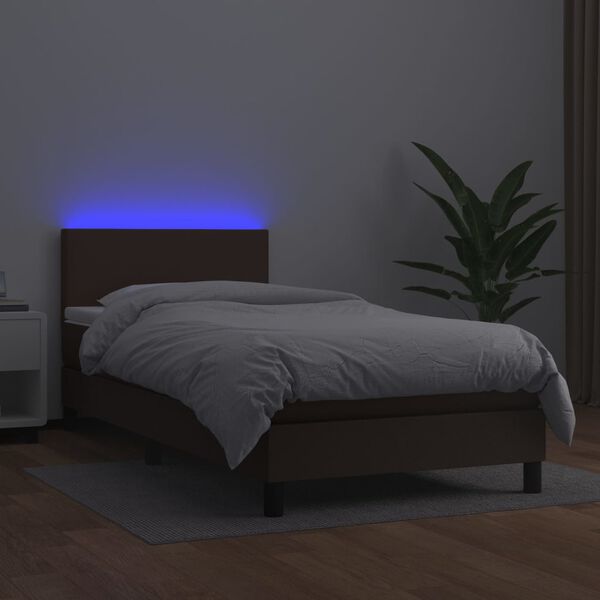 vidaXL Krevet box spring s madracem LED smeđi 90x190 cm umjetna koža
