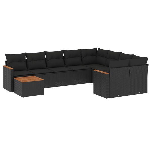 vidaXL 10-dijelni set vrtnih sofa s jastucima crni od poliratana