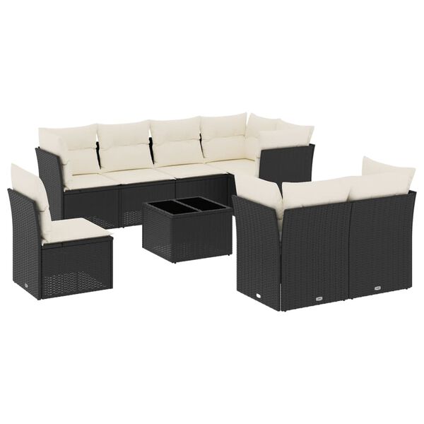 vidaXL 9-dijelni set vrtnih sofa s jastucima crni od poliratana