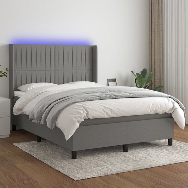 vidaXL Krevet box spring s madracem LED tamnosivi 140x190 cm tkanina