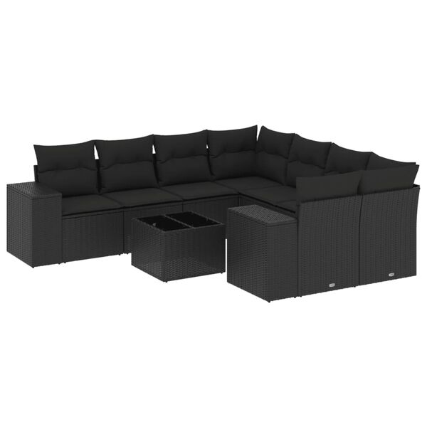 vidaXL 9-dijelni set vrtnih sofa s jastucima crni od poliratana