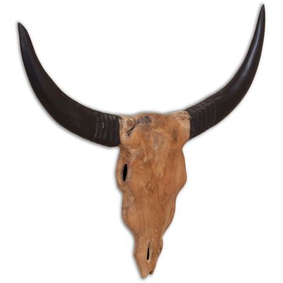 vidaXL Zidna skulptura lubanje bika od tikovine 69 x 6 x 60 cm