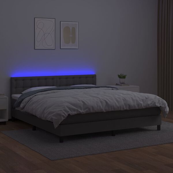 vidaXL Krevet box spring s madracem LED sivi 160x200cm od umjetne kože