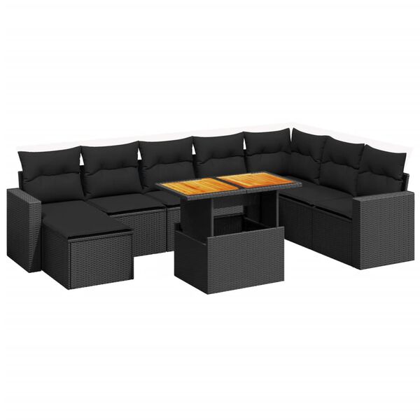 vidaXL 9-dijelni set vrtnih sofa s jastucima crni od poliratana