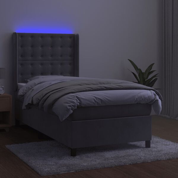 vidaXL Krevet box spring s madracem LED svjetlosivi 100x200 cm bar&scaron;un