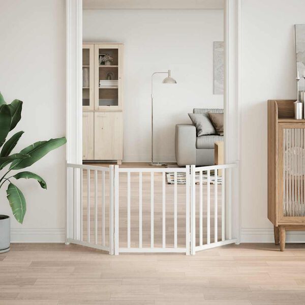 vidaXL Vrata za pse sklopiva 3 panela bijela 150 cm masivna jelovina
