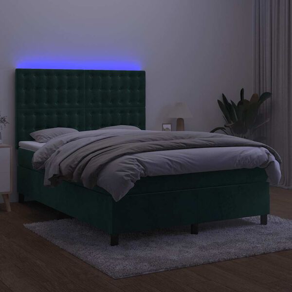 vidaXL Krevet box spring s madracem LED tamnozeleni 140x200 cm bar&scaron;un