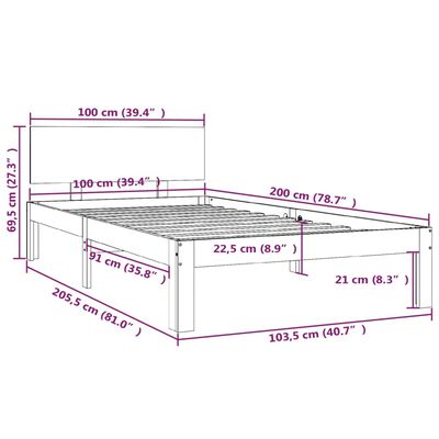 vidaXL Okvir za krevet od masivne borovine 100 x 200 cm