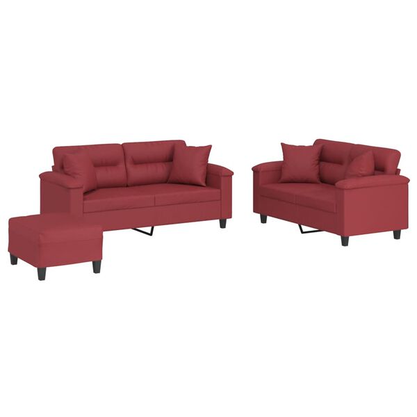 vidaXL 3-dijelni set sofa s jastucima boja vina od umjetne kože