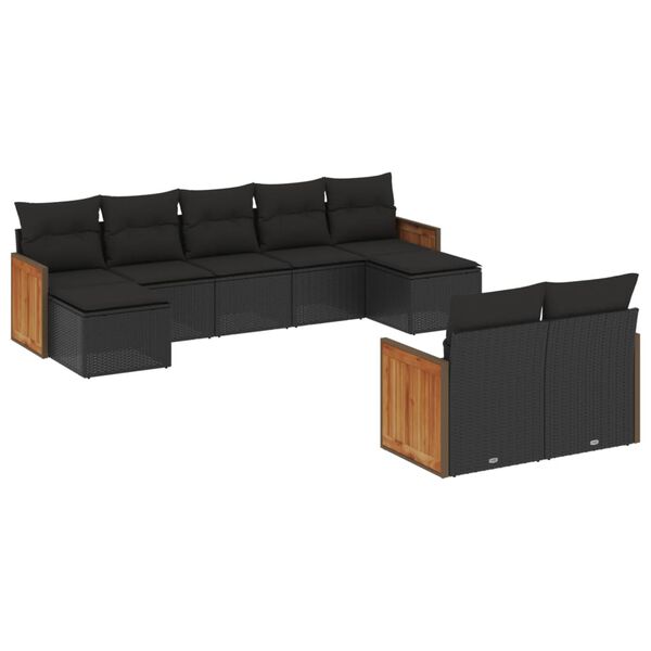 vidaXL 9-dijelni set vrtnih sofa s jastucima crni od poliratana
