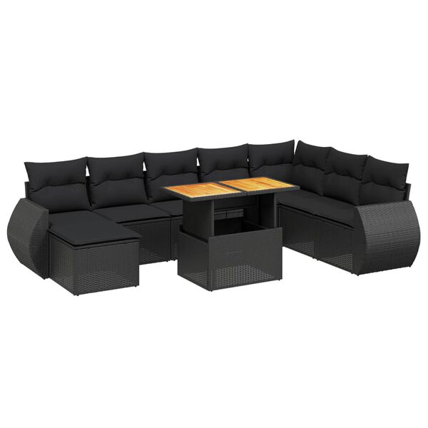 vidaXL 9-dijelni set vrtnih sofa s jastucima crni od poliratana
