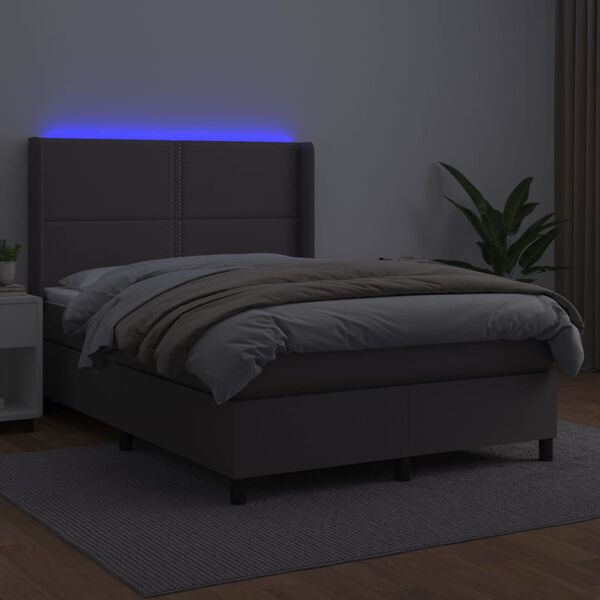 vidaXL Krevet box spring s madracem LED sivi 140x190cm od umjetne kože