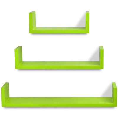 3 zelene zidne police U-oblika za izlaganje knjiga/DVD-ova MDF