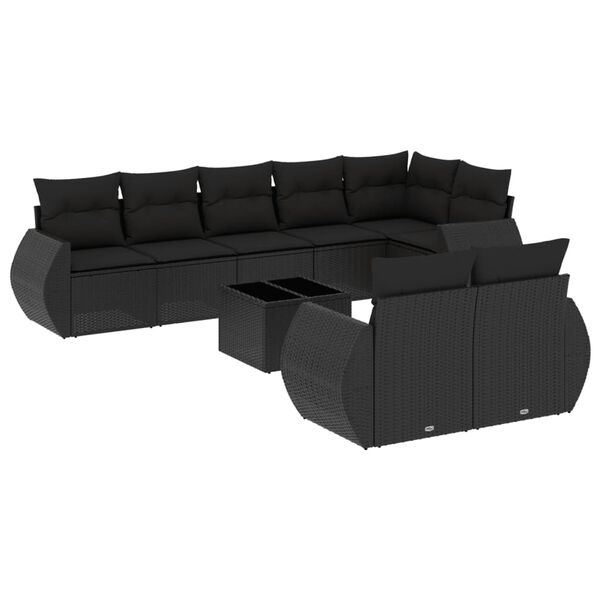 vidaXL 9-dijelni set vrtnih sofa s jastucima crni od poliratana
