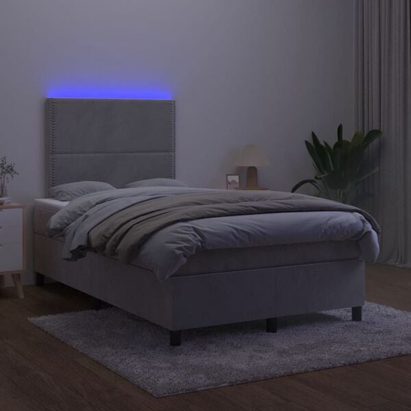 vidaXL Krevet box spring s madracem LED svjetlosivi 120x190 cm tkanina