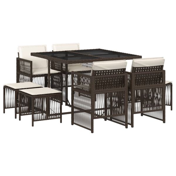 vidaXL 9-dijelni vrtni blagovaonski set s jastucima poliratan smeđi