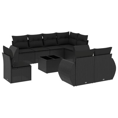 vidaXL 9-dijelni set vrtnih sofa s jastucima crni od poliratana